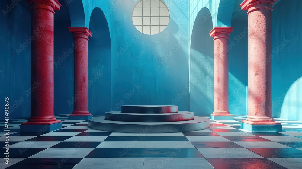 Poster a minimalist pedestal in a room with red columns and a checkered floor with a sunbeam shining throug