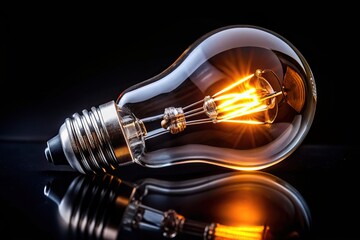 A close up of a tungsten light bulb glowing brightly against a black background, filament, equipment, close-up, warmth, lighting, energy-efficient, old-fashioned, electricity, technology