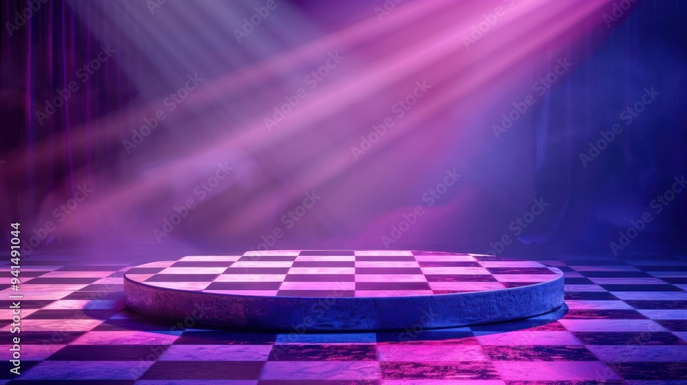 Poster a circular stage with a checkered floor illuminated by bright spotlights.