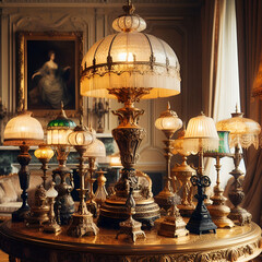 Old Antique Vintage Luxury Retro European Illuminated Lamp Trophy Collection Sitting on Elegant Gold Wooden Table in Living Room, Domestic Private Home Library Row. Classic Society Club Interior Style
