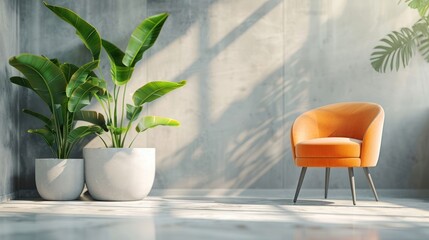 A modern orange armchair in a minimalist living room with plants.