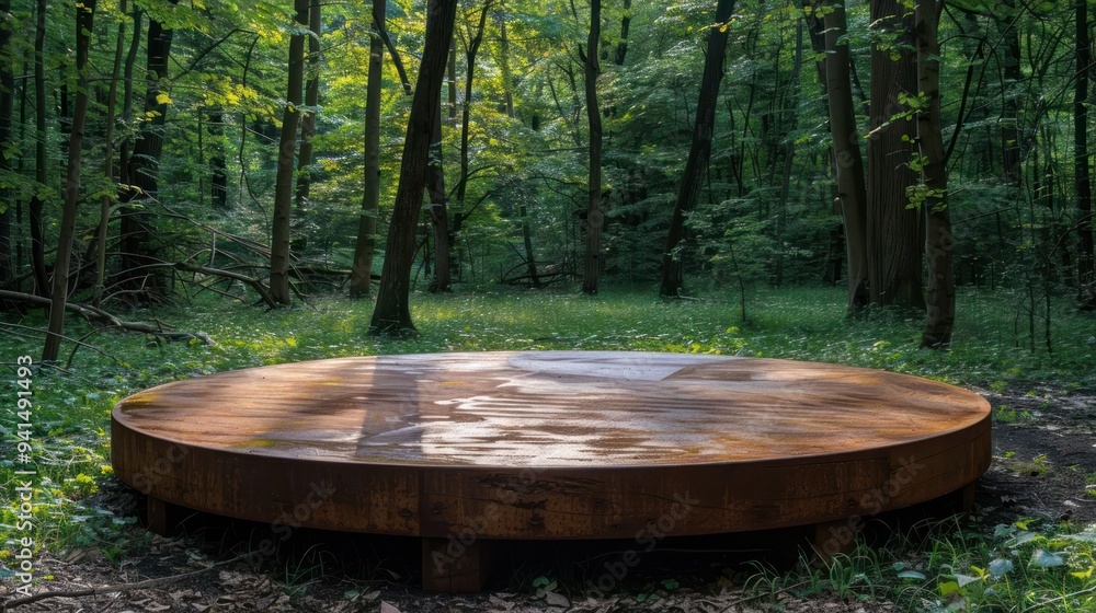 Poster a rusty circular platform sits in a clearing in a lush forest.