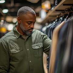 Fototapeta premium Black African american male in his 40s in a green shirt browsing through a clothes rack in a store with a blurred background 