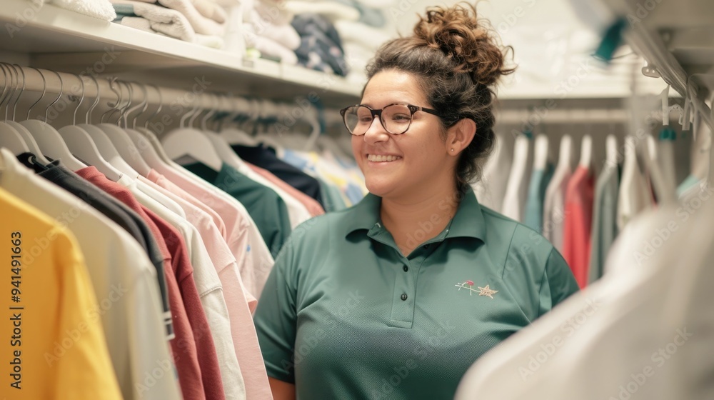 Poster student and parent organizing clothes in dorm closet on move in day settling into cozy campus dormit