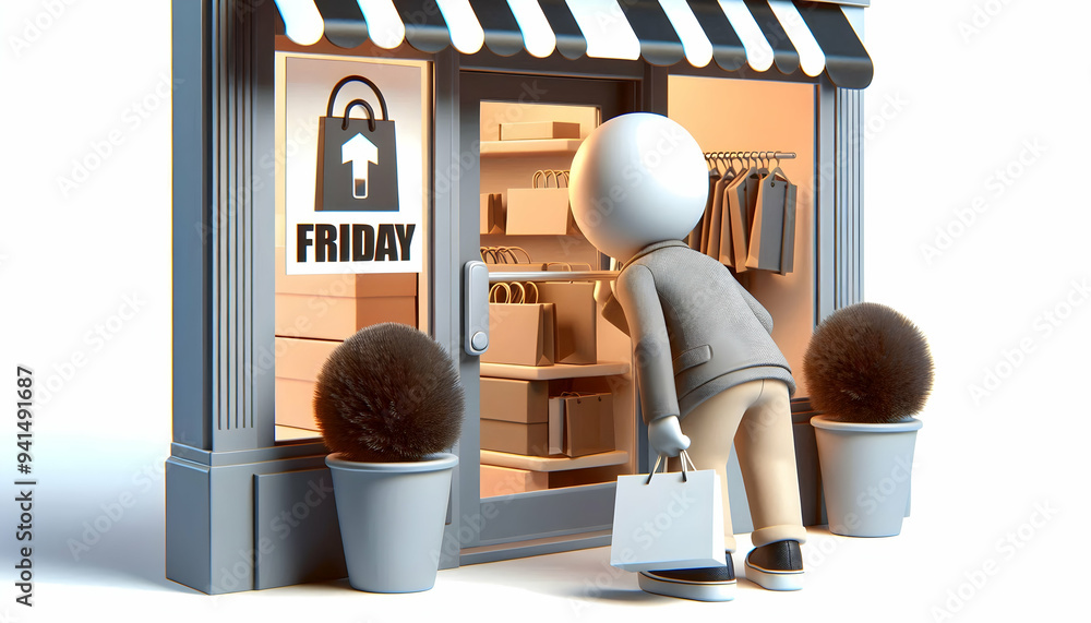 Poster 3d shopper looking at display window concept as candid shot of a shopper peeking into a stores displ
