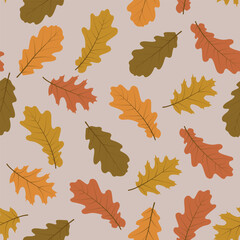 Obraz premium Autumn bacground with oak leaf. Seamless fall pattern in retro colors. Seasonal vector illustration