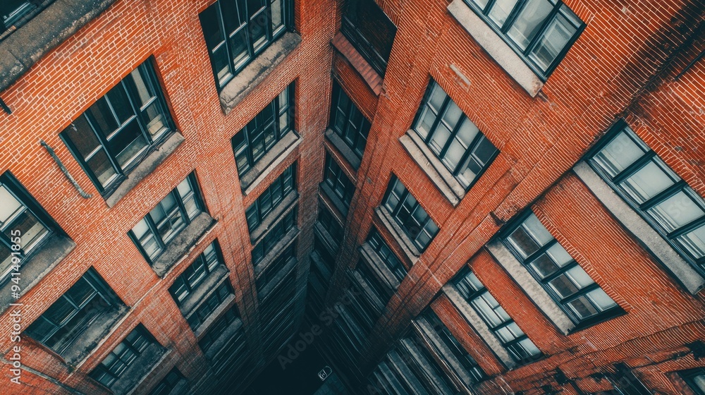 Aufkleber a top-down view of a red brick urban building with multiple windows, capturing the geometric pattern