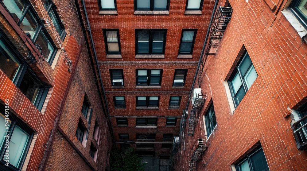 Aufkleber a top-down view of a red brick urban building with multiple windows, capturing the geometric pattern