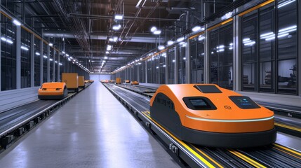 Obraz premium Automated Guided Vehicles AGVs in Modern Warehouse Facility