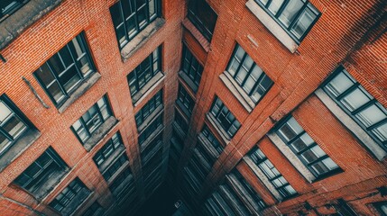 Obraz premium A top-down view of a red brick urban building with multiple windows, capturing the geometric patterns created by the bricks and window frames.