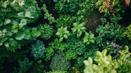 A top-down view of an organic garden filled with fresh peppermint trees, surrounded by other herbs and vegetables, creating a thriving natural environment.