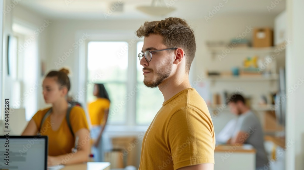 Poster family assembling a desk chair in a dorm room on move in day setting up a study area and workspace w