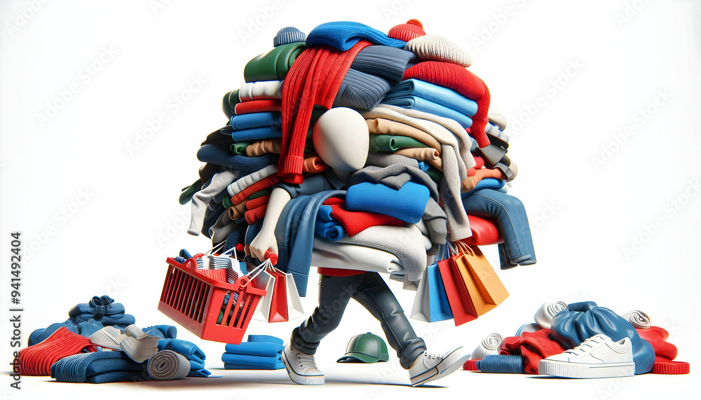 Poster 3d shopper with arms full of clothes concept as candid shot of a shopper holding a large pile of clo
