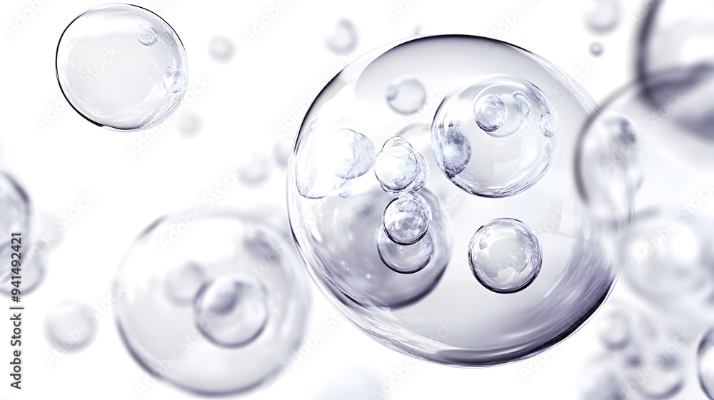Wall mural cg transparent bubble cluster: a cluster of transparent cg bubbles, varying in size, floating on a w