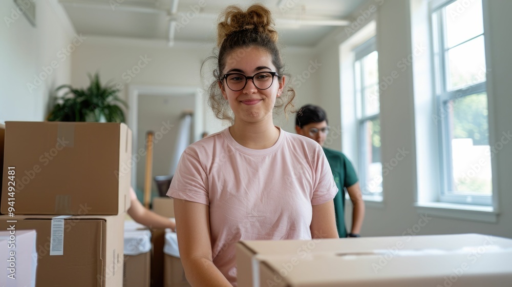 Poster family working together to assemble a desk chair in a cozy dorm room on move in day preparing a stud