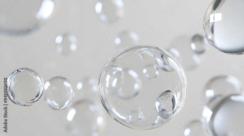 Wall mural cg transparent bubble cluster: a cluster of transparent cg bubbles, varying in size, floating on a w