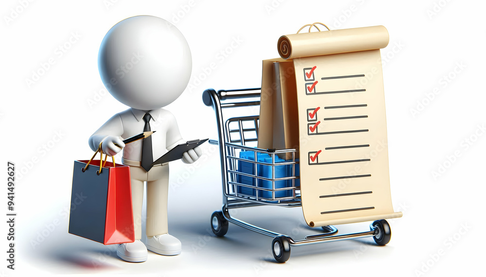 Poster 3d shopper with shopping list concept as candid shot of a shopper checking their shopping list while