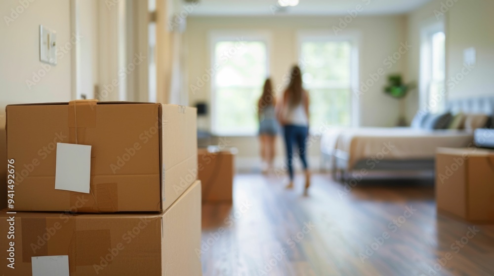 Poster family assembling desk chair in dorm room on move in day for study setup and creating a comfortable 