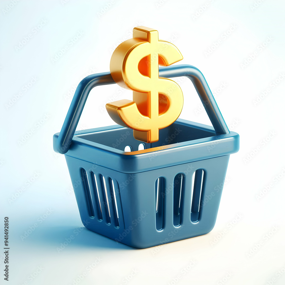 Poster 3d shopping basket with dollar sign vector concept as vector of a shopping basket with a floating do