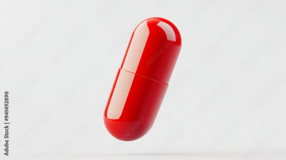 Poster a 3d simple style icon of a bright red vitamin pill with a smooth texture and subtle highlights floa