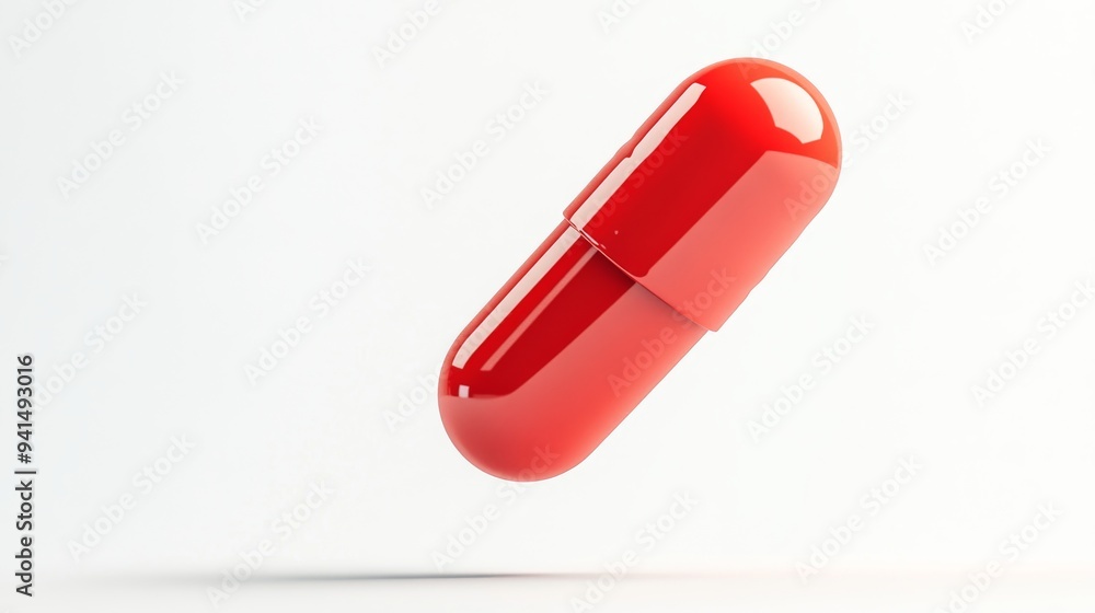 Poster a 3d simple style icon of a bright red vitamin pill with a smooth texture and subtle highlights floa