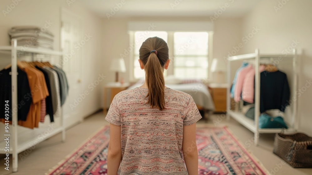 Poster student and parent carefully arranging a plush rug in a cozy dorm room on move in day adding a warm 