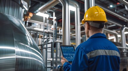 Engineer Overseeing Food and Beverage Production Line with Digital Tablet