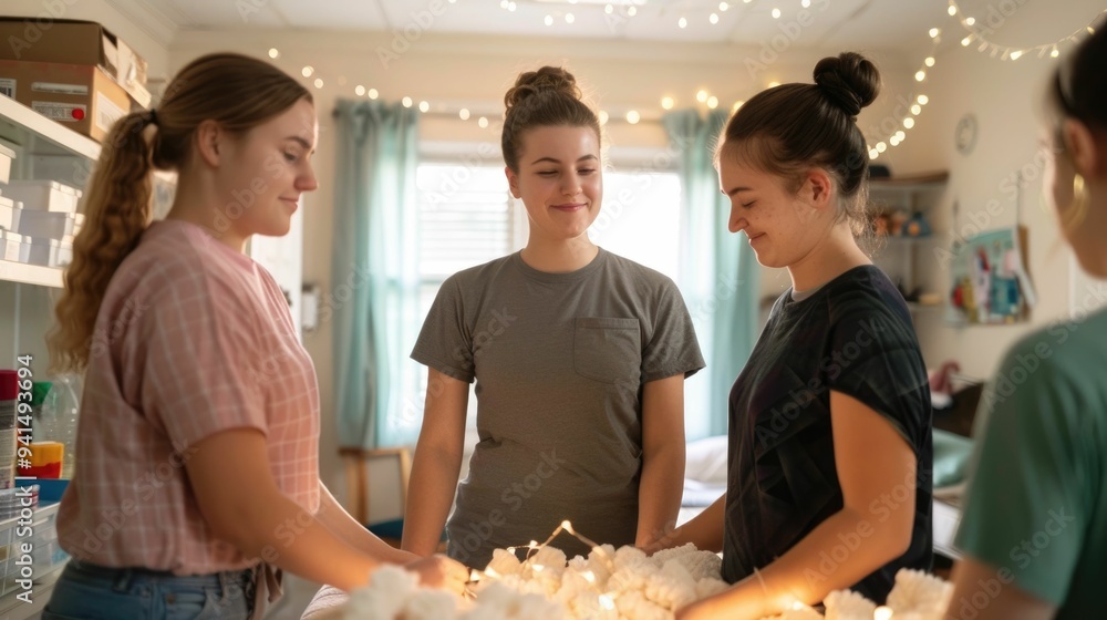 Poster parents and students working together to set up a cozy personalized dorm room with warm string light