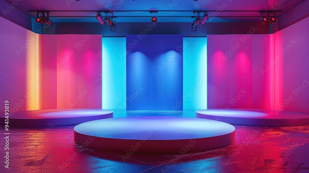 Poster three circular podiums in a studio with colorful lights shining on the walls.