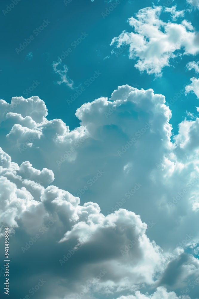 Poster a single-engine plane flies through a cloudy blue sky with scattered clouds and a hint of sunlight