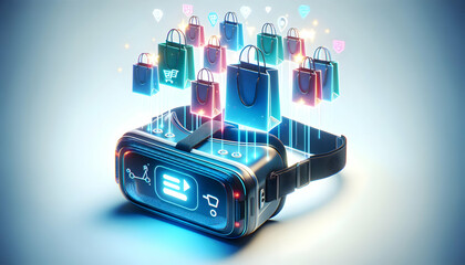 3D VR Goggles with Holographic Shopping Bags concept as Horizontal shot of VR goggles on a white surface with glowing holographic shopping bags floating above them offering an immersive Black Friday t