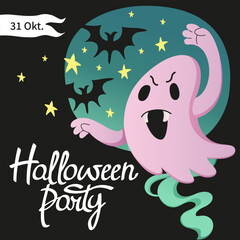 Halloween holidays square template with cute Ghost. Social media Post for Halloween party, sale. Trick or treat. Party invitation background. Spooky elements banner design and web. Vector illustration