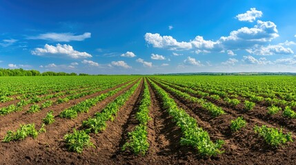 A wide shot of a carrot field under a bright blue sky, with rows of green plants stretching into the horizon. Perfect for agricultural and rural landscape visuals.