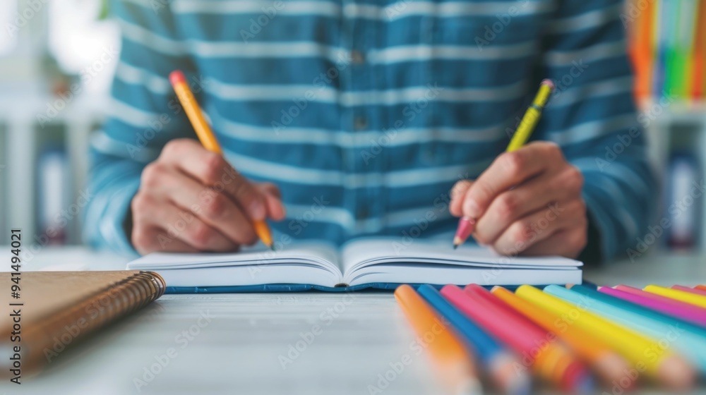 Poster student and parent organizing a collection of school supplies stationery and equipment on a desk in 
