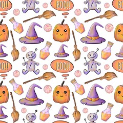 Autumn seamless pattern Halloween theme: witch hat, pumpkin, potion, candy, broom, voodoo toy on white background