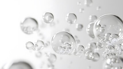 Fototapeta premium CG Transparent Bubble Cluster: A cluster of transparent CG bubbles, varying in size, floating on a white background. 