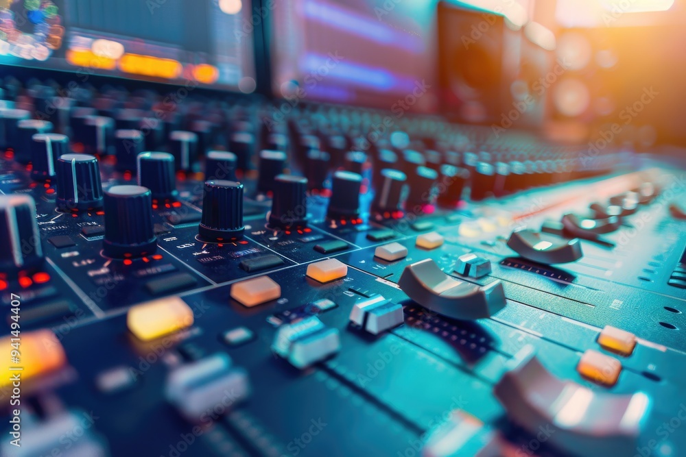 Poster a close-up shot of a sound board in a recording studio, ideal for use in music-related projects