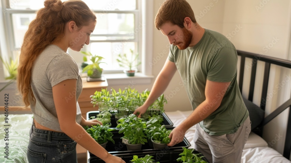 Aufkleber student and parent working together to arrange plants and greenery in a dorm room on move in day cre
