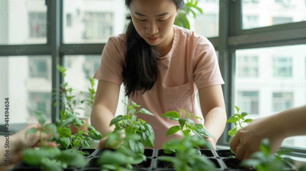 Poster student and parent arranging potted plants and greenery in dorm room on move in day creating a cozy 