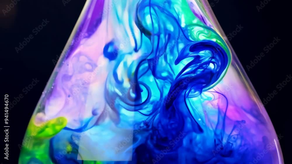 Poster colorful bubbling experiment in a glass flask with swirling liquids at a science demonstration