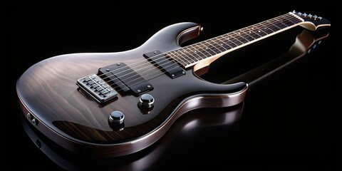 Obraz premium Closeup of a sleek guitar body with a glossy finish captured from an aerial perspective set against a black background, sound, closeup, harmony, art, electric guitar, instrument body