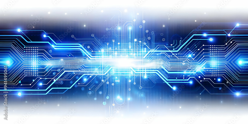 Poster 3d abstract digital circuit with light pulses on an isolated white background concept as a stylized 