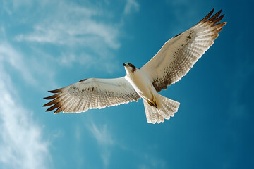 Obraz premium Majestic hawk soaring in a clear blue sky with wings fully extended, wildlife in flight, copy space