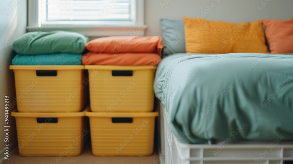 Poster family neatly stacking and arranging storage bins and containers under a dorm bed on move in day max