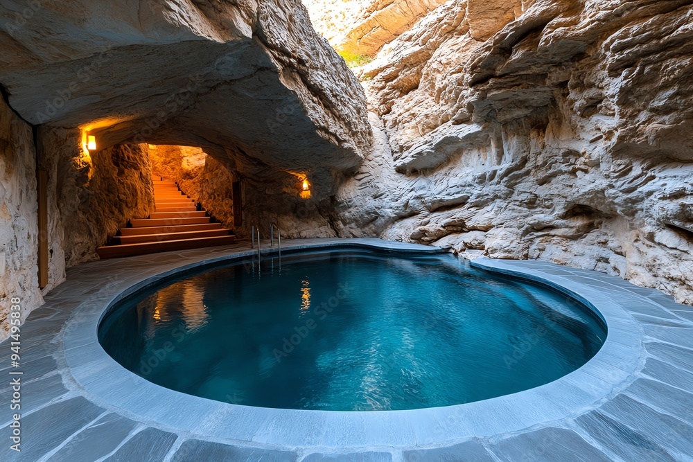 Poster A hot spring pool set in a rocky grotto, with natural light filtering through a small opening above