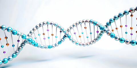 3D Digital DNA helix with data points on an isolated white background concept as A digital representation of a DNA helix intertwined with data points isolated on a white background. The design symboli
