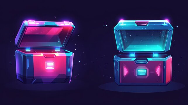 Two Open Neon Chests In Dark Background