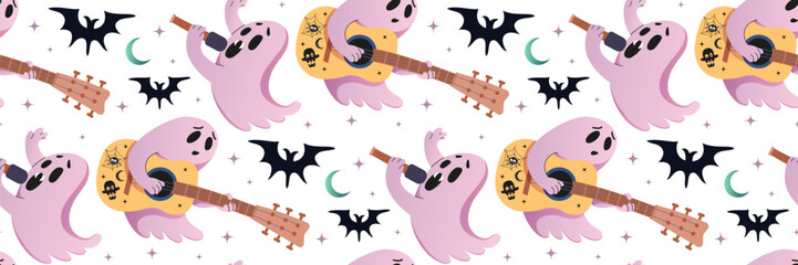 Spooky Halloween ghost singer seamless pattern. Cute pink musical poltergeist with guitar. Spooky cartoon characters. Halloween party background with monsters, bat. Vector illustration for wallpaper.