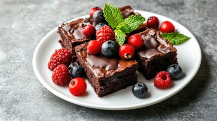 Chocolate brownies with a glossy glaze, topped with vibrant fresh berries and mint leaves, served on a white plate, set against a gray concrete background.