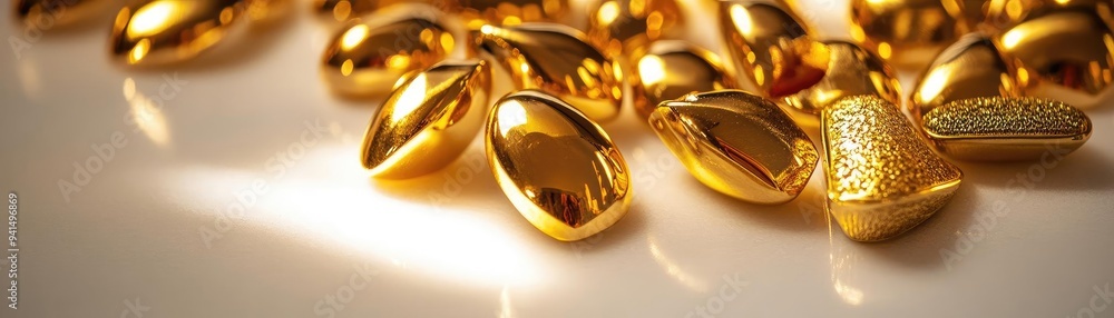 Poster a close-up view of shiny golden nuggets scattered on a surface, reflecting light and creating a luxu